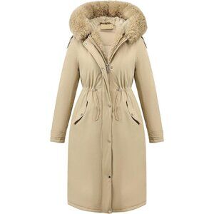 Women's Winter Warm Long Overcoat Hooded Puffer Jacket Light Khaki Fur Collar